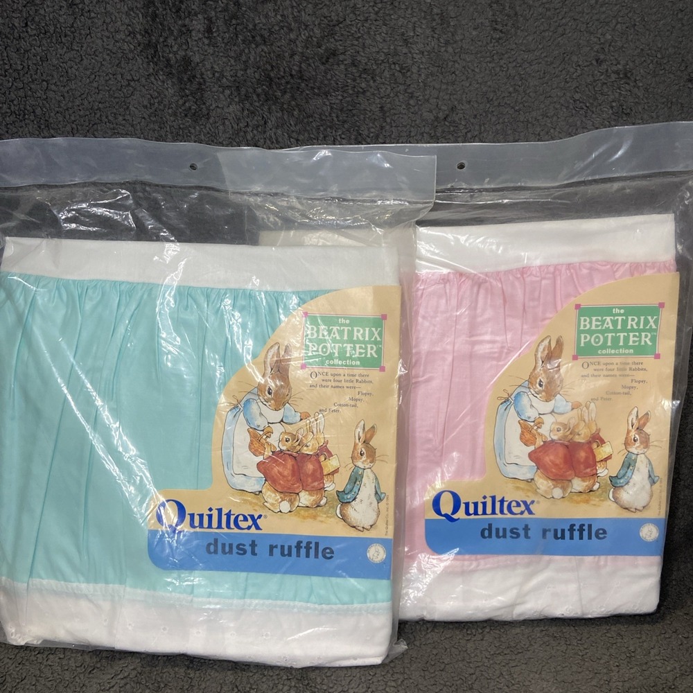 VTG 1993 Beatrix Potter Colle Quiltex Crib Dust Ruffle‎ Blue & Pink Lot of 2 NEW